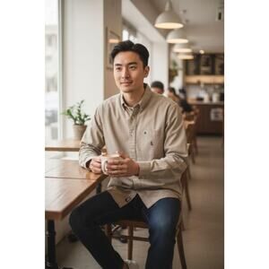 Nautica Men’s Shirt Tan Khaki Long Sleeve Heavy 100% Cotton Button Down Size L/G